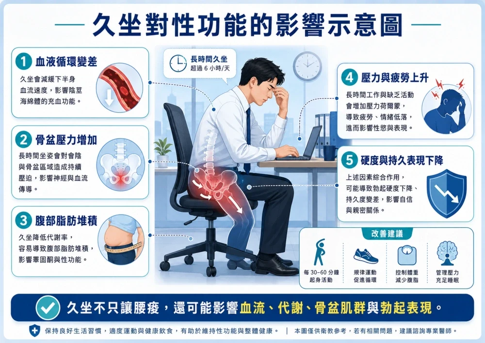 久坐對男性健康的影響示意圖